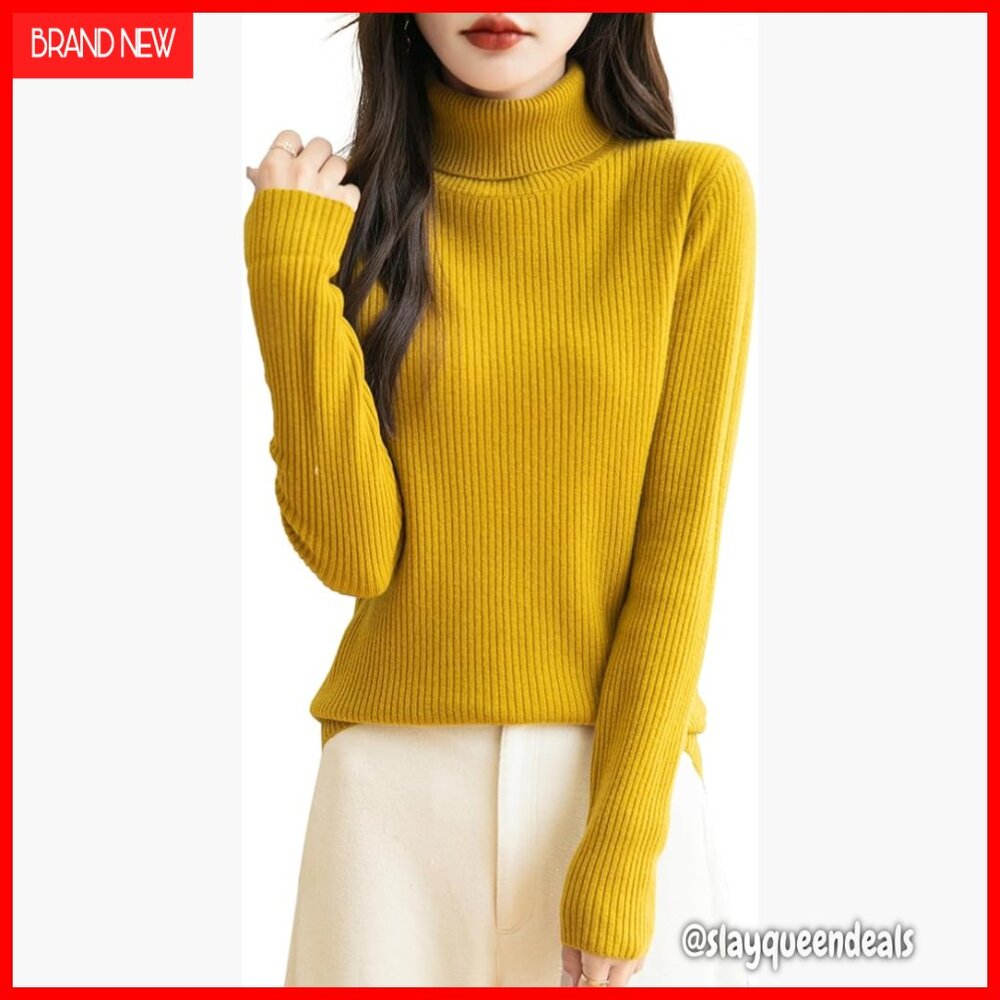 Women's 100% Merino Wool Turtleneck Sweater Long Sleeve Ribbed Pullover
